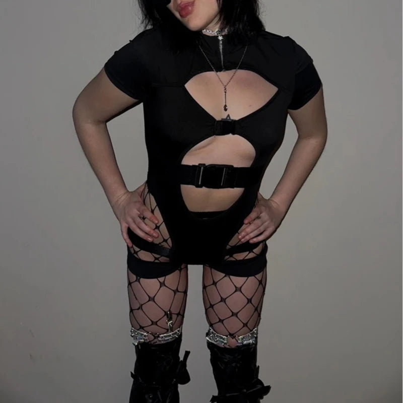 Gothic Hollow out Bandage Playsuit Stand Collar Cutout Garter Shorts Romper with Separate Belt And Zipper for Women Night out