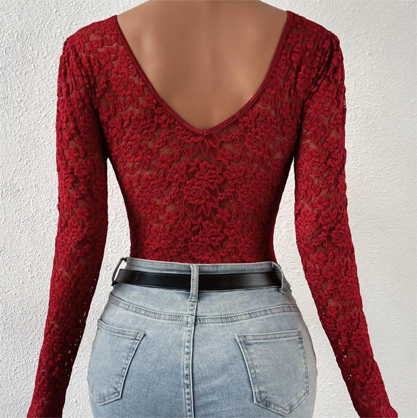 Women's Jumpsuit Onesie Lace Long Sleeve Perspective Embroidery Black V-neck Slim White Base Shirt Red Bodysuit