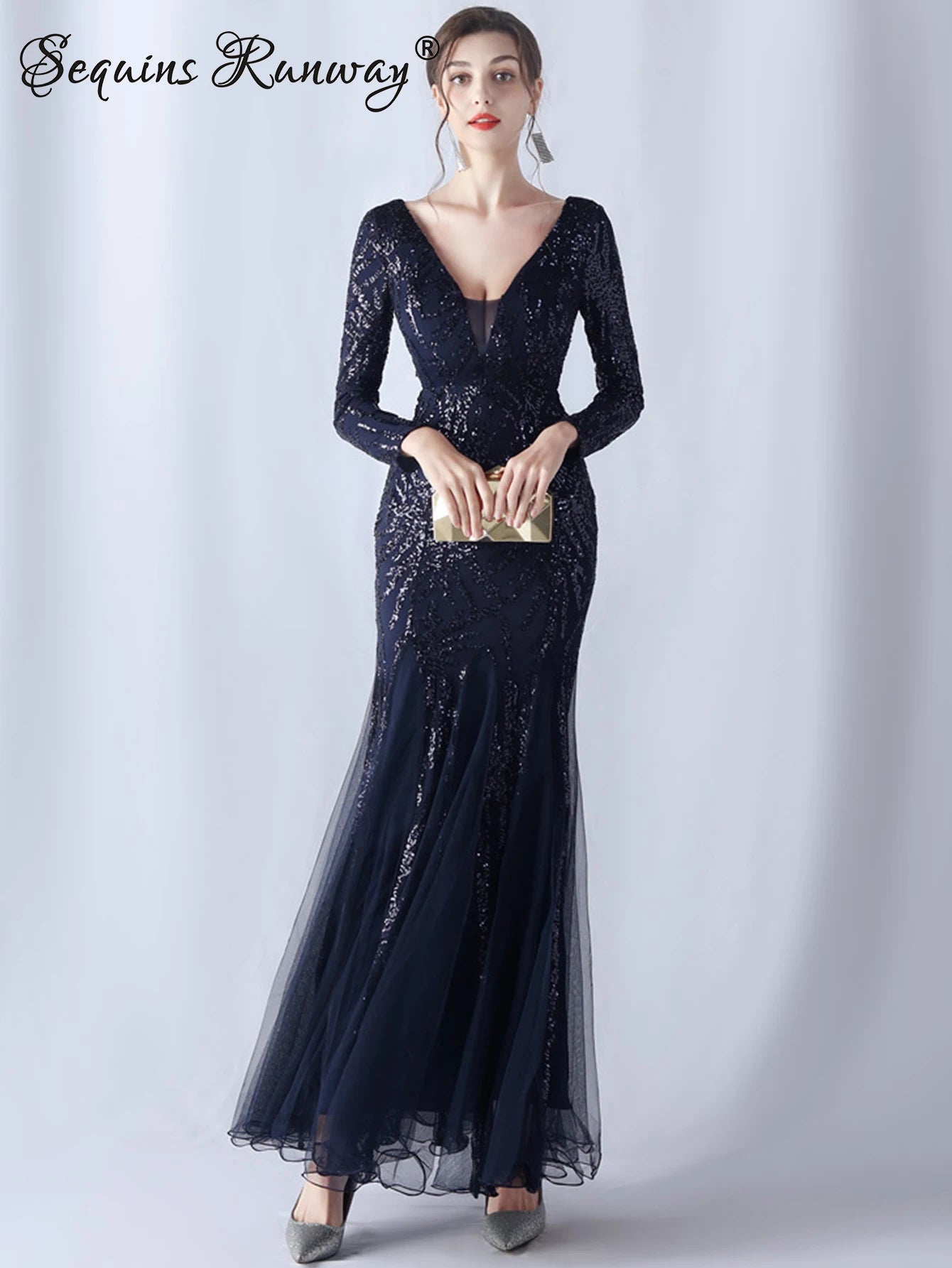 Sexy backless maxi sequin summer dress women elegant luxury mesh wedding party dresses woman long sleeve evening dresses vestido