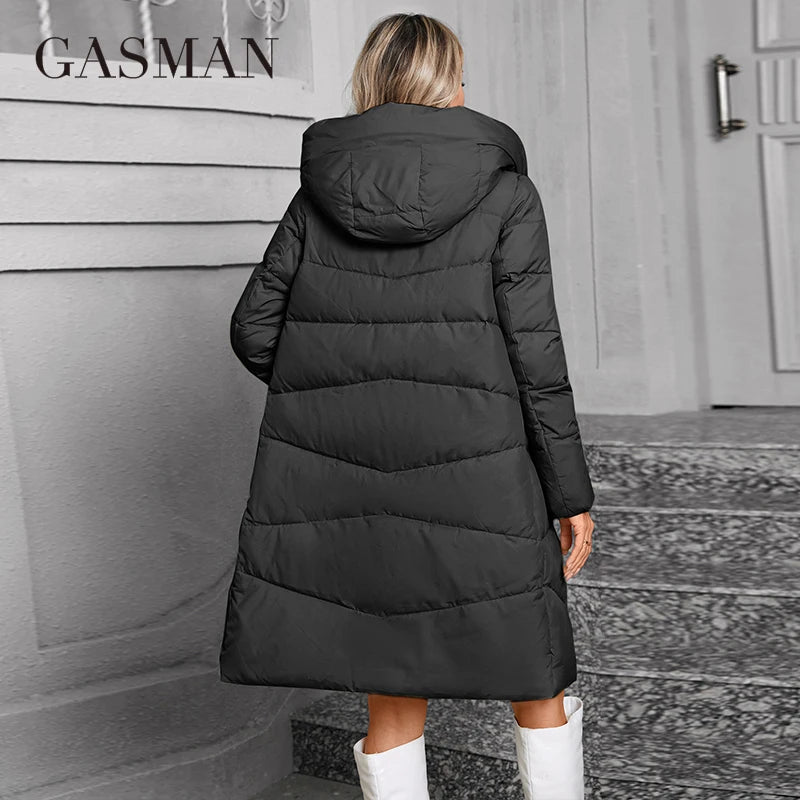 GASMAN  Women Down Jacket Long Classic zipper design Big Pocket Stand Collar Hooded Slim coat Women Parkas
