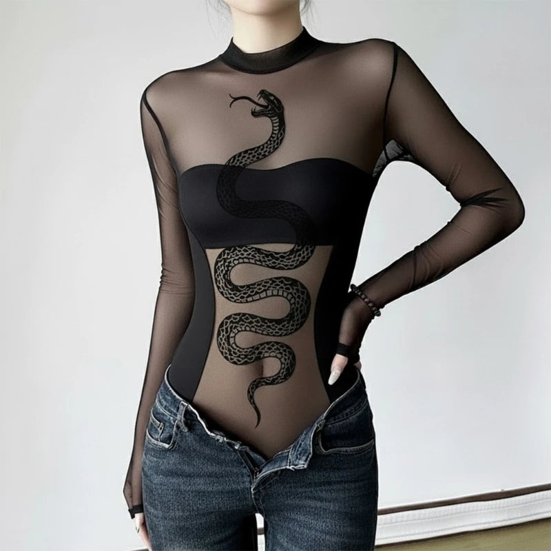 Womens Mesh Long Sleeve Bodysuit Round Neck Sheer Leotards Clothing Snake Bodysuit Top with Crotch Clubwear Gifts