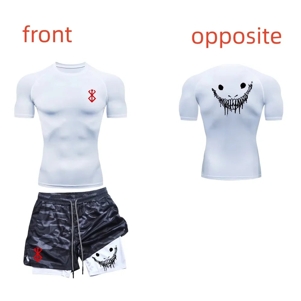 Men's fashionable casual fitness set, gym quick drying sportswear, shorts+shirt, 2-piece set, running, training, summer