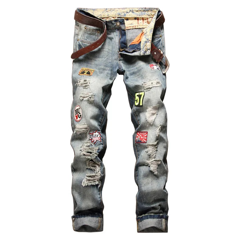 New Men's Hip Hop High Street Motorcycle Jeans Badge Distressed Ripped Denim Trousers Male Non-stretch Straight Slim Fit Jeans