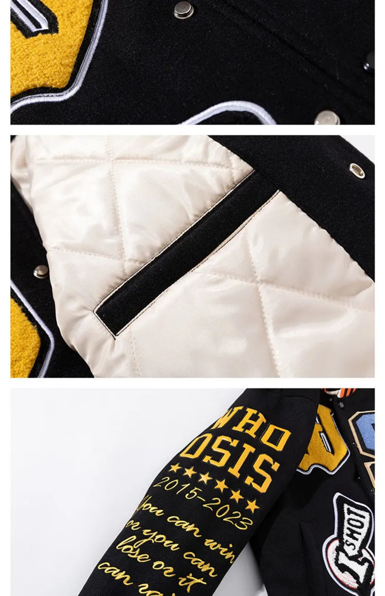 Embroidery Varsity Jacket Men Women Letter Winter American Baseball Jacket Hip Hop Woolen Coat Thick Warm Outwear Parkas Brown