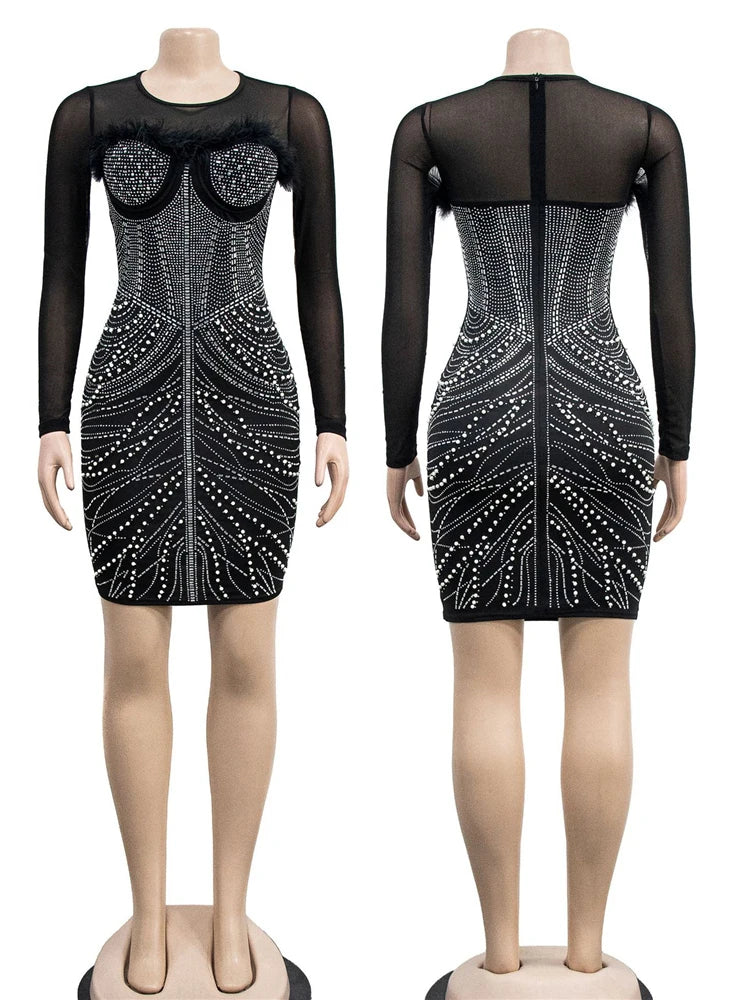 HBLL Sparkle Sequin Feather Short Party Dress Womens Glitter Mesh Sequins Birthday Dresses Shoulder Padded Celebrities Outfits