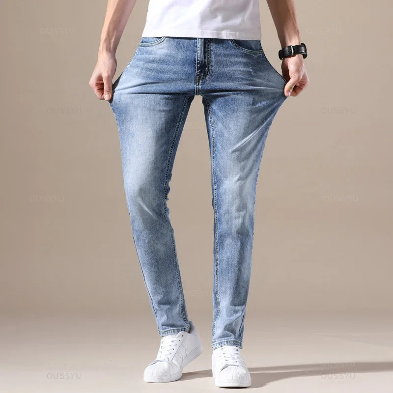 Clothing Jeans Men High Quality Stretch Light Blue Denim Fashion Pleated Retro Pocket Skinny Trousers Pants 28-40