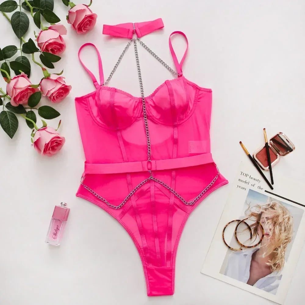 Black Skinny Fitness Bodysuit Women Sexy Lingerie with Halter Chain See Through Backless Teddy Body Suit