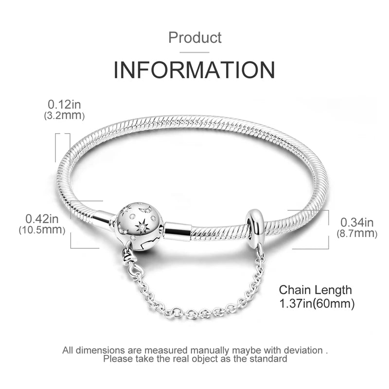Original Women Bracelet 925 Silver17-20CM Starry Full Moon Safety Chain Snake Bone Chain Bracelet Fit DIY Exquisite Jewelry Gift