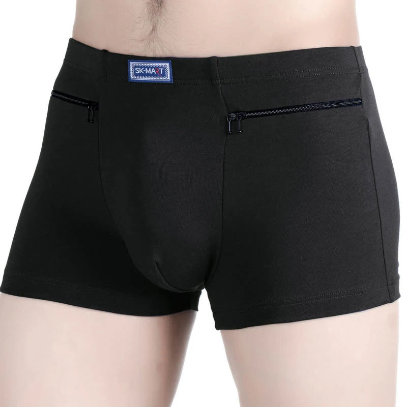 Men Cotton Boxer Panties Underwear Anti-theft Zippers Pockets Briefs Underpants Casual Solid Men's Boxers Shorts