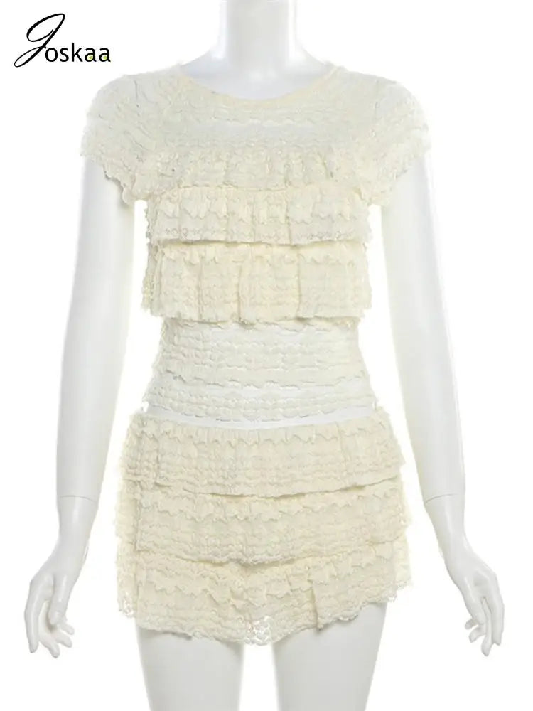 Joskaa Sexy Tierred Women 2 Piece Set Apricot Ruffles Tank Top and Shorts Skirts Matched Midnight Party Club Outfits Summer 2024