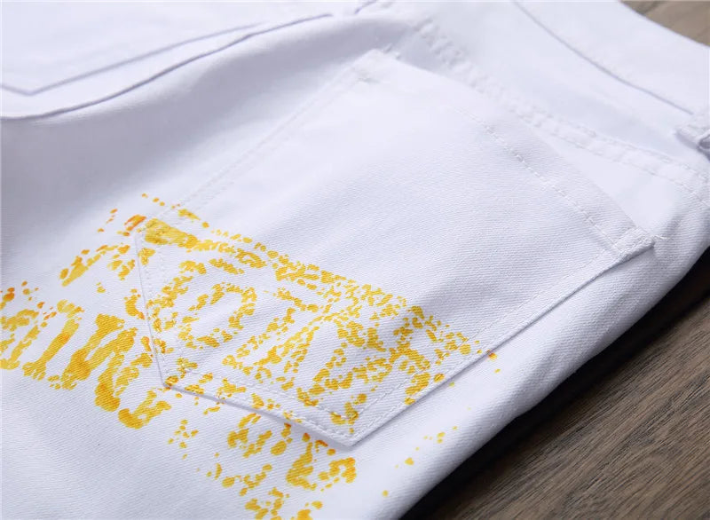 High Street Fashion Herren Jeans Nachtclub Schwarz Weiß Farbe Persönliche Designer Bedruckte Jeans Männer Punk Hosen Dünne Hip Hop Jeans