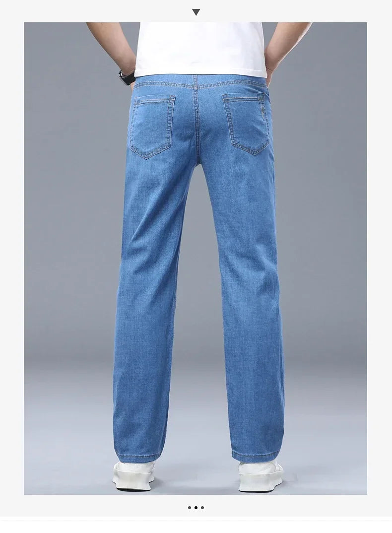 Business Thin Denim Jeans for Men Straight Stretch Cotton Work Pants Business Casual Lightweight Trousers Spring Autumn Workwear
