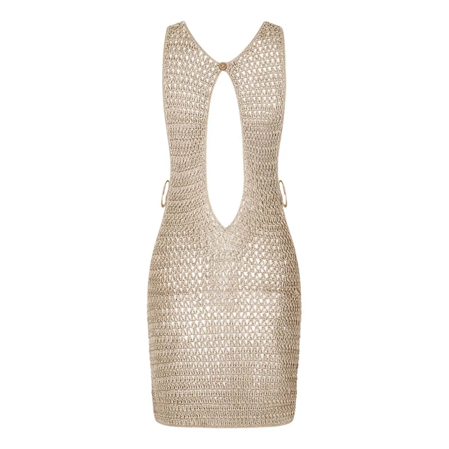 Sexy Cut Out Crochet Knitted Beach Dress Woman Summer Backless Tunic Beach Cover Ups Short Dress Beach Wear Women Swimsuit