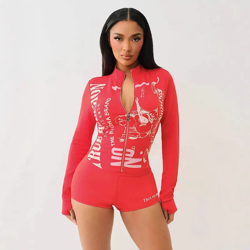 Fitness Women 2 Piece Set Zipper Fly Sweatshirt Skinny Biker Shorts Matching Set 2025 Summer Streetwear Sporty Workout Tracksuit