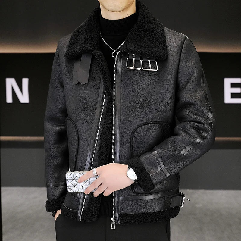 High-quality Faux Fur Leather Jackets Men Splicing Pockets Trend Casual Motorcycle Bike Jacket Winter Thick Warm Coat Streetwear