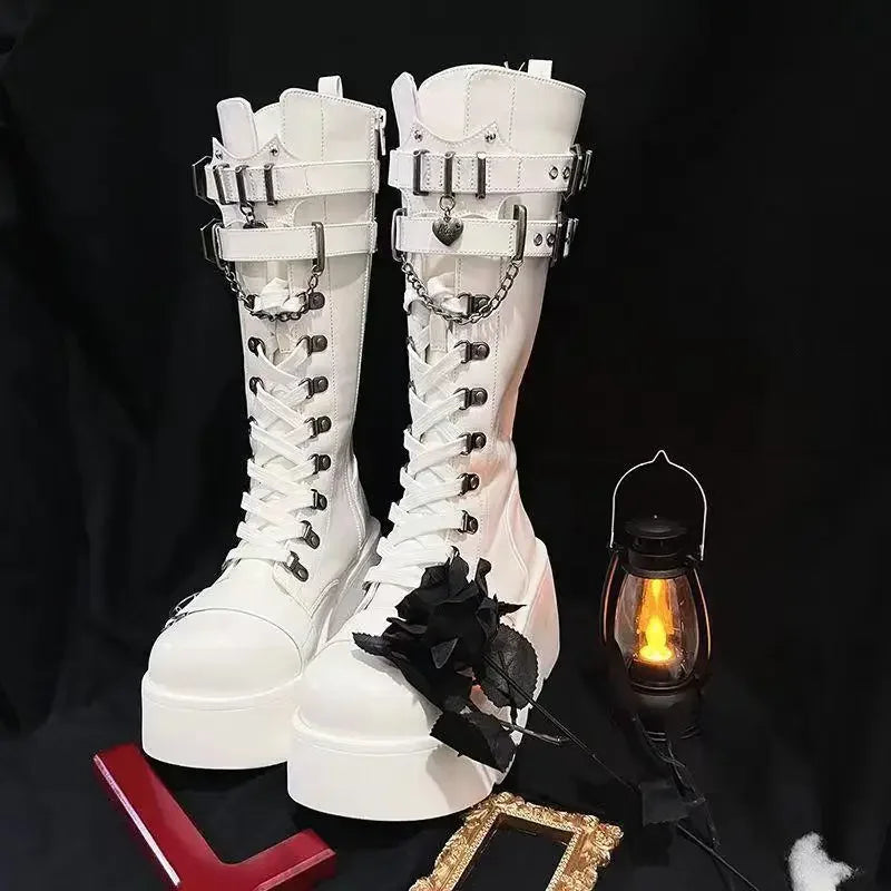 Motorcycle Boots Platform Boots for Women Wedges Knee High Black Lace Up Fashion Goth Gothic Boots Punk Shoes Girls Winter
