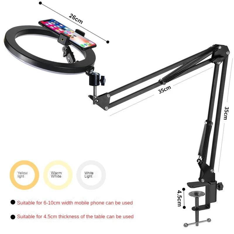 Phone Holder for Recording Videos Desktop Live Streaming Stand with Ring Light & LED Fill Light Makeup Down Photography