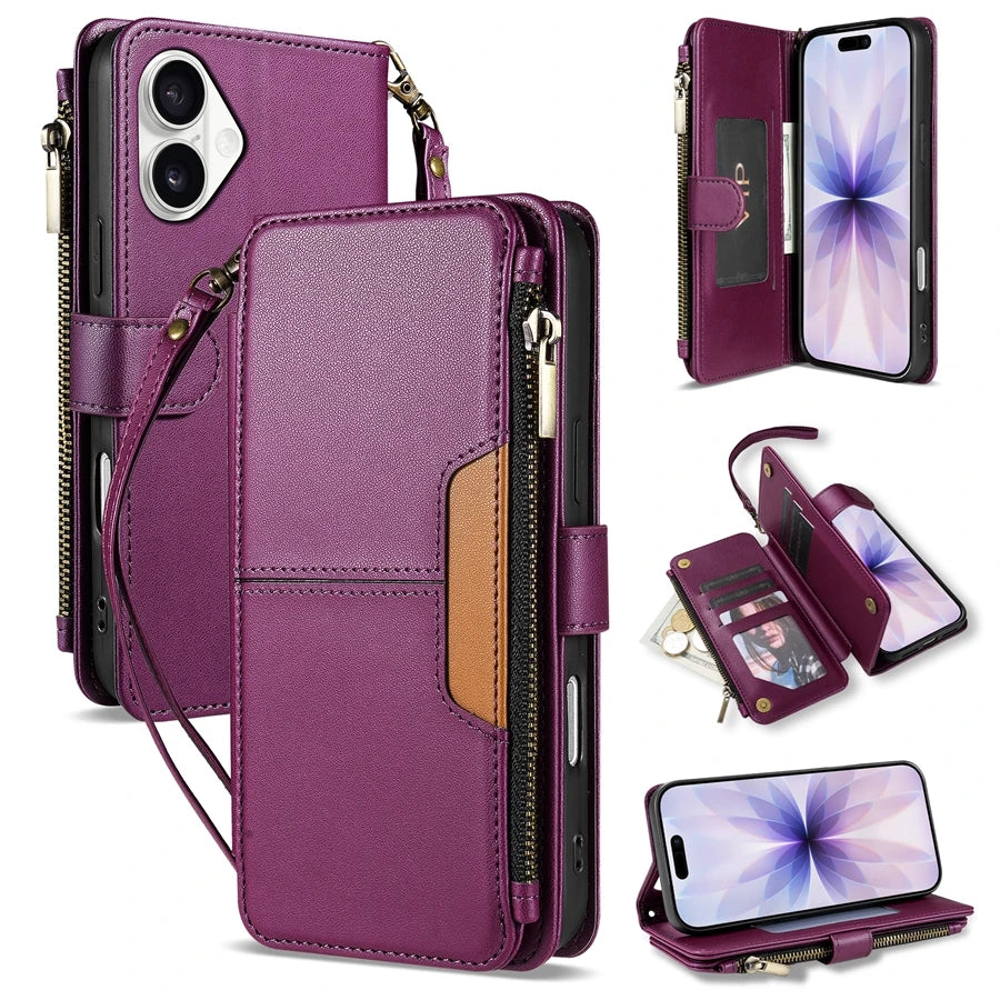 Wallet Multi-card Slot Zipper Kickstand Magnetic Flip Leather Case For iPhone 17 Pro Max 17e Air 16e 15 Plus 14 13 12 11 XR 8 7