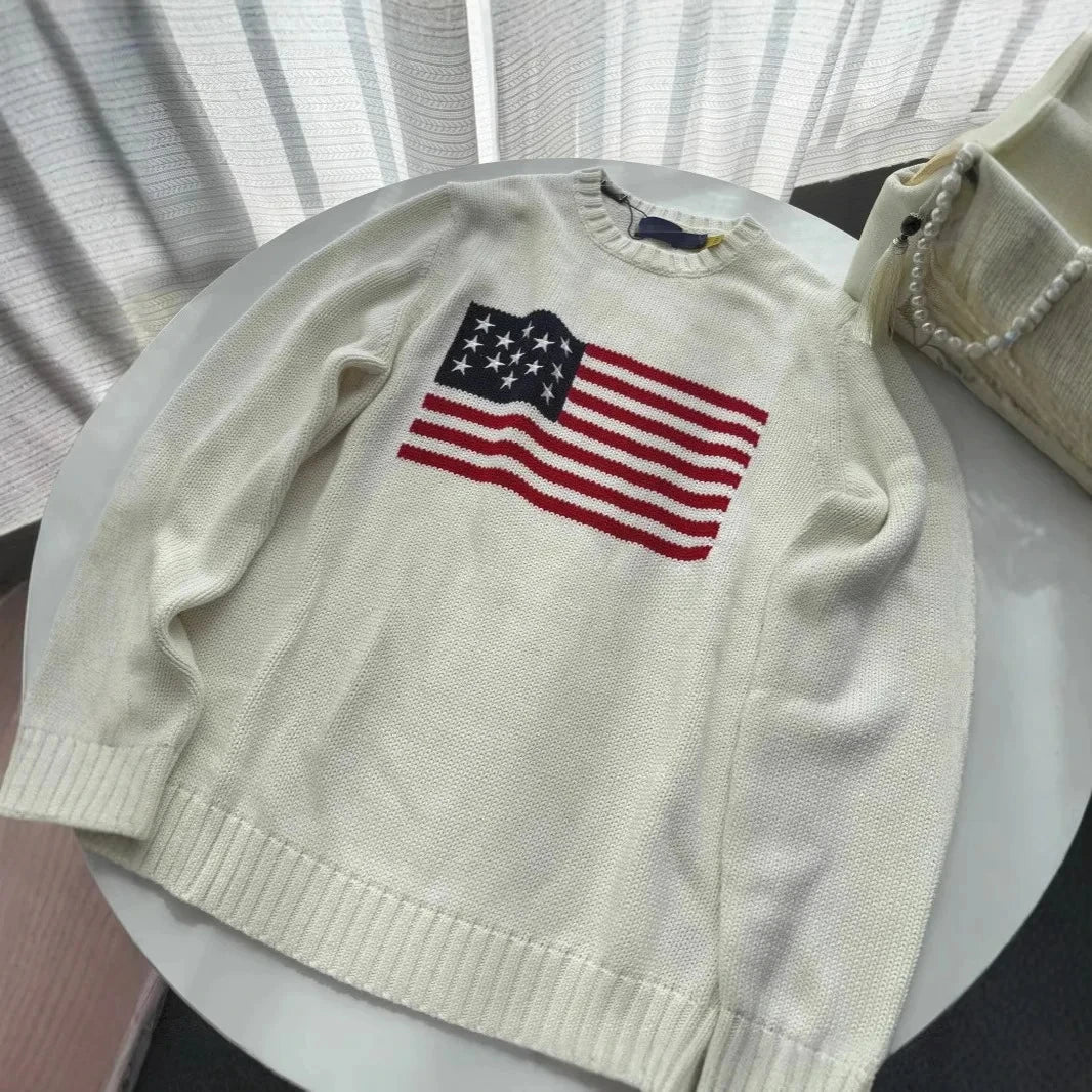 Popular Autumn Winter US Flag Pattern Stripe Pullover Sweater Casual O Neck Contrast Color Knitted Women Sweaters Mens Clothes