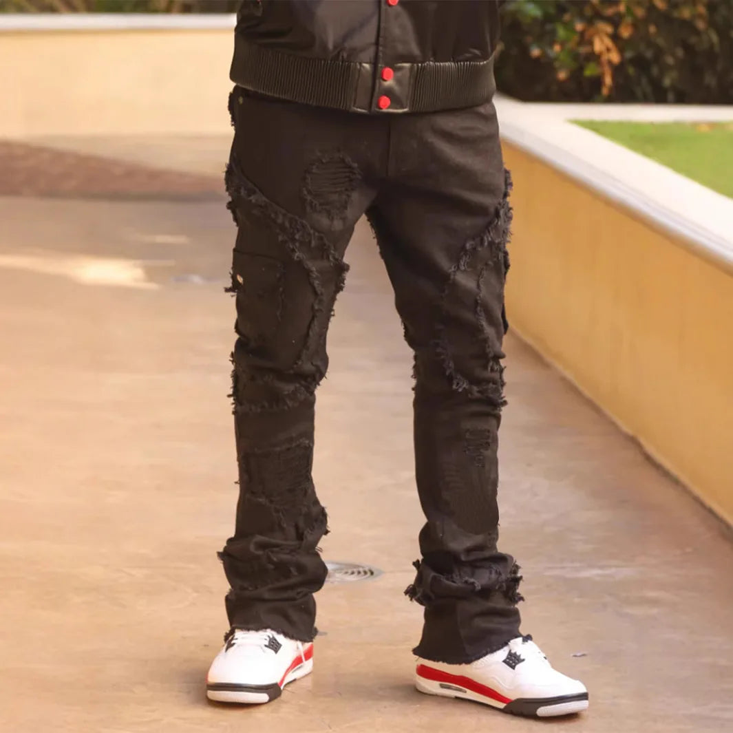 New Men Ripped Stacked Jeans Distressed Slim Fit Skinny Straight Leg Jeans Fashion Hip Hop Denim Pants Casual Streetwear