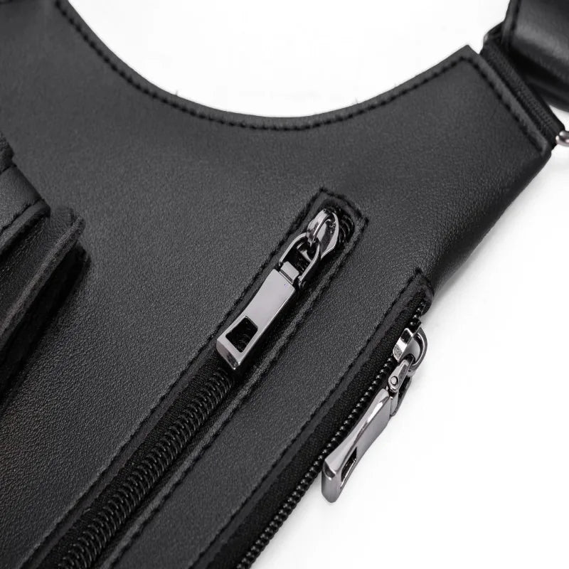 Luxury Design Men's Tactical Vest Bag High Quality PU Leather Man Chest Bag Phone Pouch Vintage Design Underarm Back Pack Bags