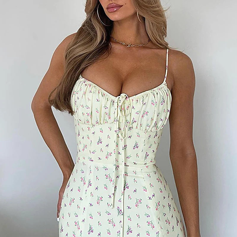 Women Summer Floral V Neck Spaghetti Strap Cam Dress Female Robe Sexy Bodycon Split Chic Mid-Calf Aesthetic Dress