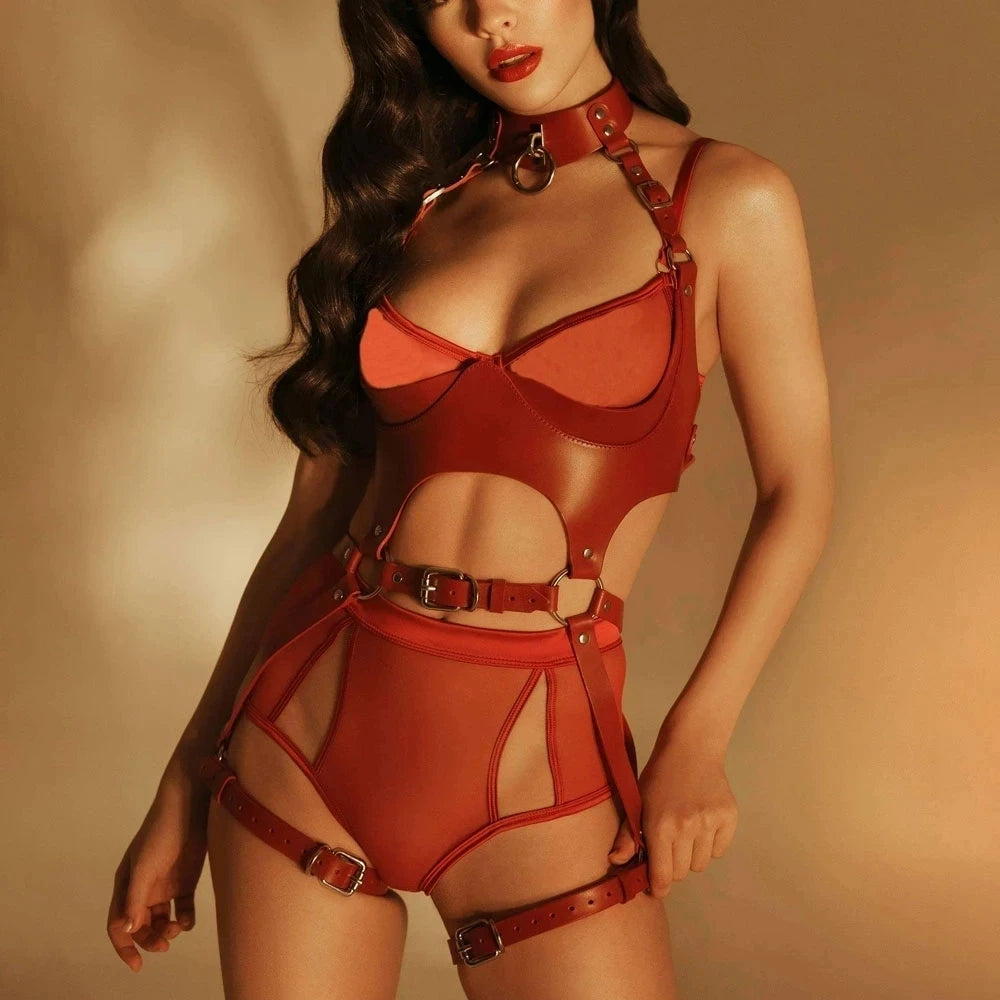 Women's Sexy PU Leather Harness Set Gothic Suspenders Lingerie Erotic Body Garters Belts Fetish Clothing Accessory