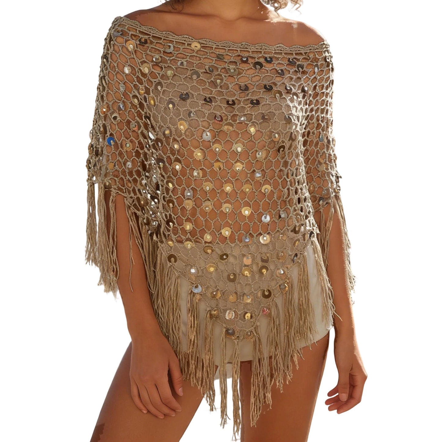 Women's Tassel Knit Ponchos Sparkly Sequin Loose Fit Hollow Out Handmade Crochet Shrug Shawl Casual Cover Ups Beachwear
