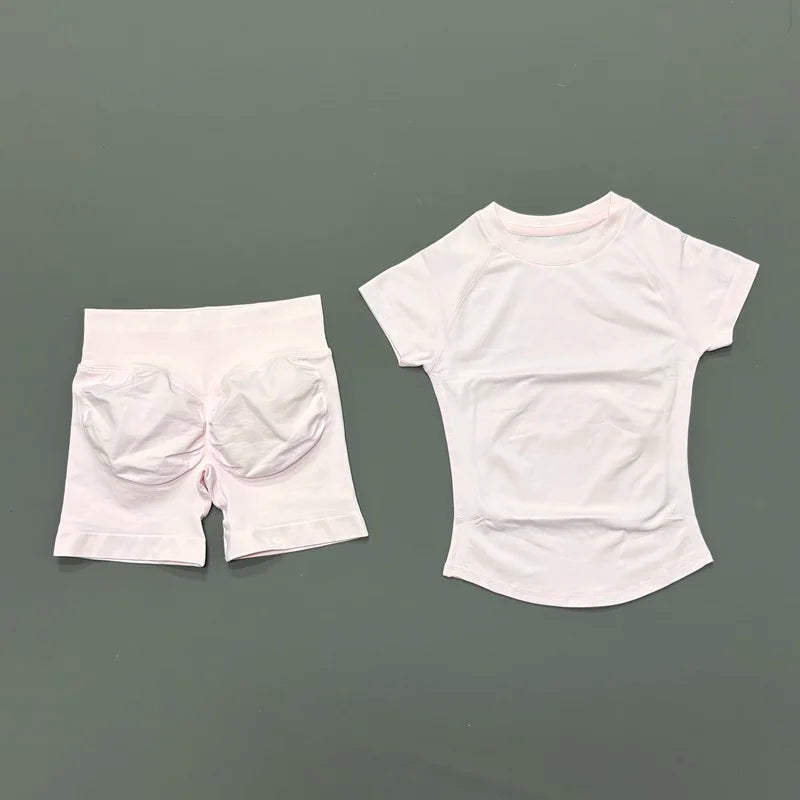 2 Piece Sports Set Women Gym Yoga Set Seamless Fitness Gym Clothes Sportswear Short Sleeve Top Sports Short Leggings Suit
