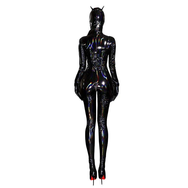 Adult Cat Girl Cosplay Costume Women Sexy Shiny Leather PU Zipper Open Crotch Bodysuit Tights One-piece Unitard Leotard Jumpsuit