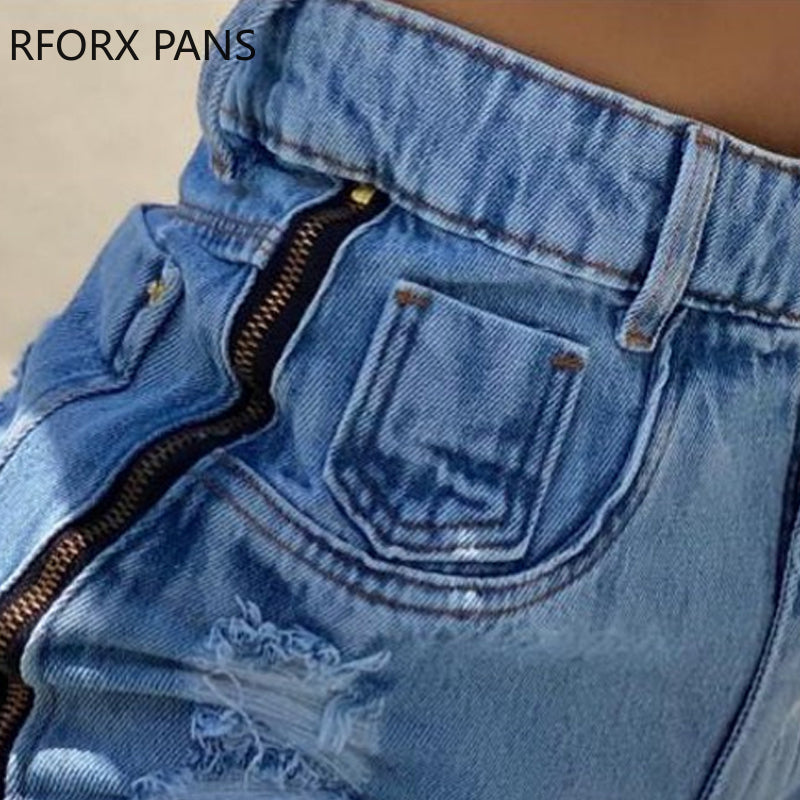 Frauen Chic Casual Solide Zipper Dekoration Ripped Quasten Hohe Wasit Frauen Denim Shorts