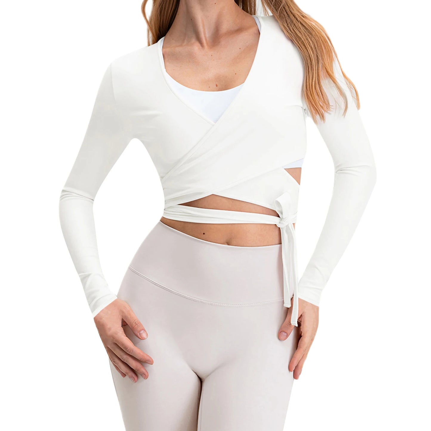 Women Fitness Yoga T-Shirts Solid Color Tie-Up Front V-Neck Long Sleeve Bottoming Shirt Seamless Workout Tops