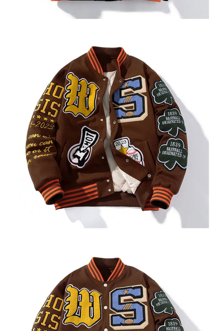 Embroidery Varsity Jacket Men Women Letter Winter American Baseball Jacket Hip Hop Woolen Coat Thick Warm Outwear Parkas Brown