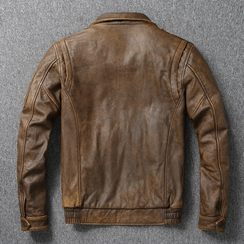 New Retro Top LayerPure Cowhide ort Bike Sle Leather Jaet Men AutumnCoat Authentic Leather Faion Urban Motorcycle Jaet