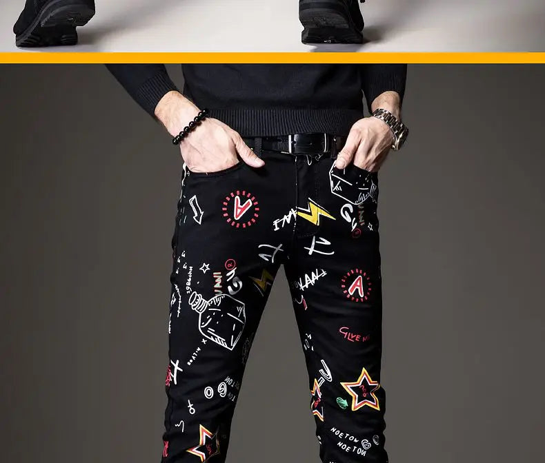 Luxuriöse Jeanshose für Herren, Hip-Hop-Jeans mit Graffiti-Print, Designer-Jeans in Slim Fit, trendige schwarze Jeans, Stretch-Cowboy-Baumwollhose für Männer