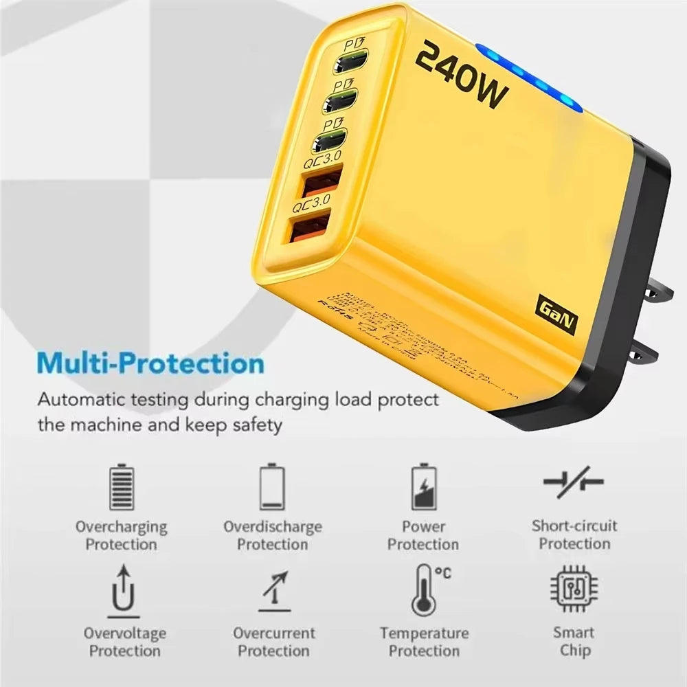 5 in 1 GaN Desktop Charger 240W Fast Charging Adapter 10A USB To Type C Cable 3PD 2 USB Charger For iPhone Samsung Xiaomi