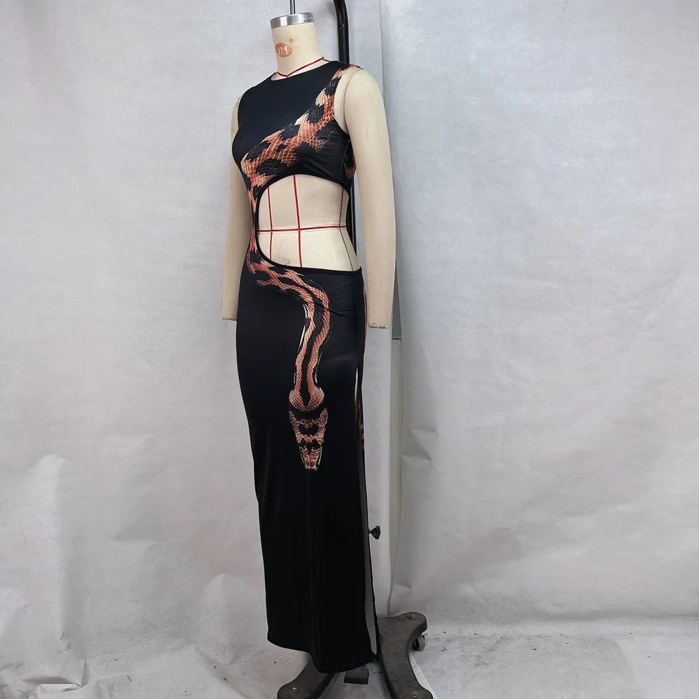 European And American Traditional Wear Dress Women's Long Black Maxi Dress Side Slit Cutout Waist Snake Print Hollow Out Round