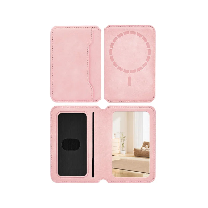 Thin Leather Wallet Magnetic Cellphone Card Holder For IPhone 16 15 14 13 18 17 Pro Max For Magsafe Bring Your Own Makeup Mirror