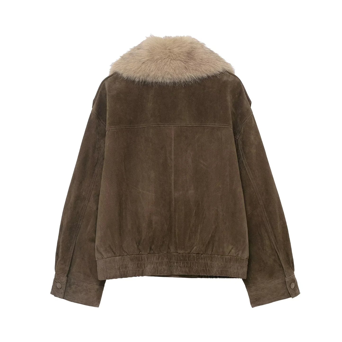 Winter New Women's Casual Fashion Simple Elegant Loose Faux Fur Effect Suede Texture Jacket with Lapel Long Sleeve