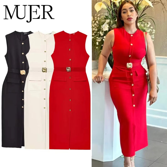 MUJER 2025 Women's Dress Summer Sleeveless Midi Dress Woman Red Black Office Long Dresses for Women Chic Belt Button Dress Women