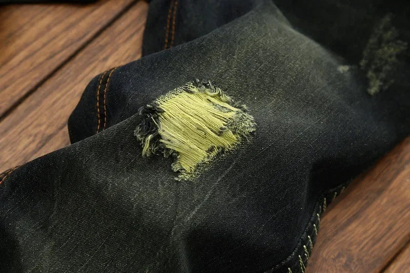New Men's Ripped Vintage Jeans Straight Denim Trousers Male Distressed Personalized Motorcycle High Street Spliced Jeans Pants