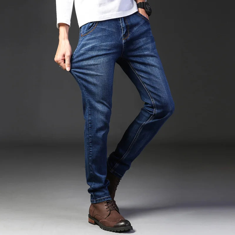 New Men Light Luxury Stretch Slim Fit Pants Comfortable Soft Business Fashion Straight Casual Denim Trousers Male Brand Clothing