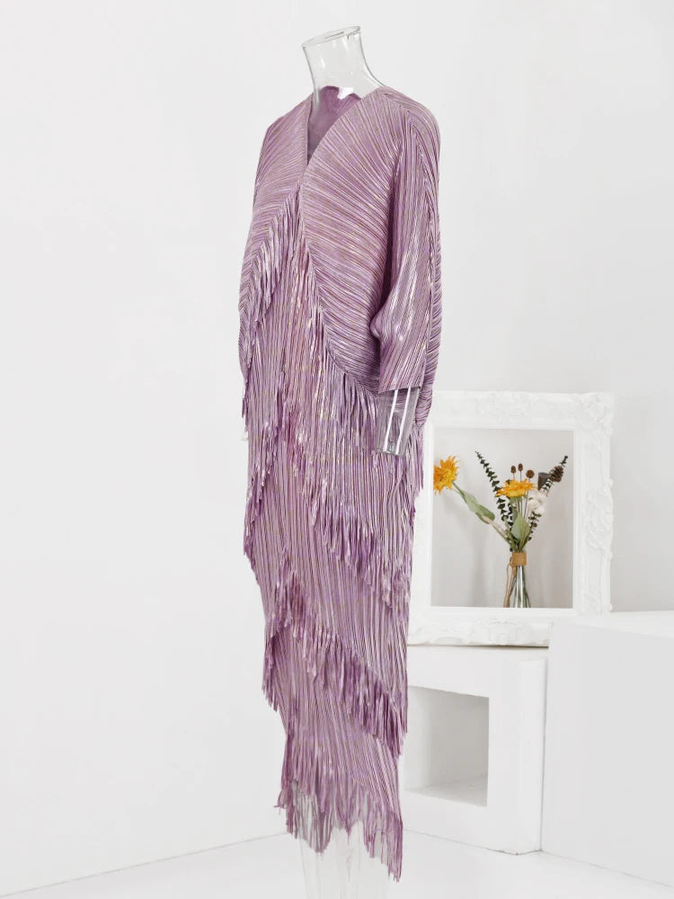 LANMREM 2025 New Elegant Party Tassel Pleated Dress Women V Neck Sequins Spliced Irregular Long Dresses Fashion Clothing 2DA1641