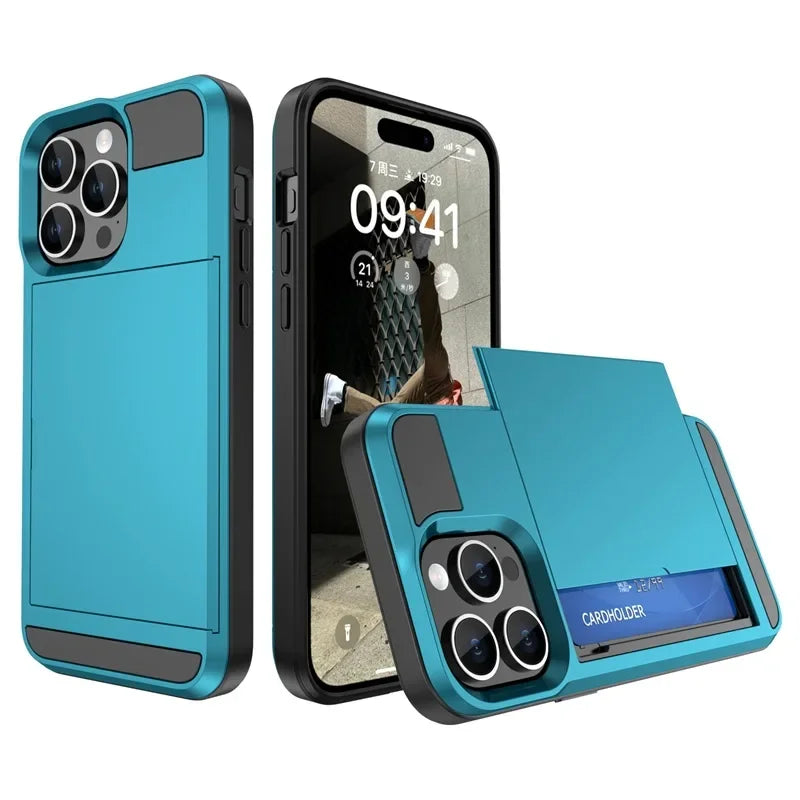Phone Case for IPhone 16 15 14 Plus 13 12 11 Pro Max Wallet with Card Holder Slot Sliding Pocket Dual Layer Protective Cover