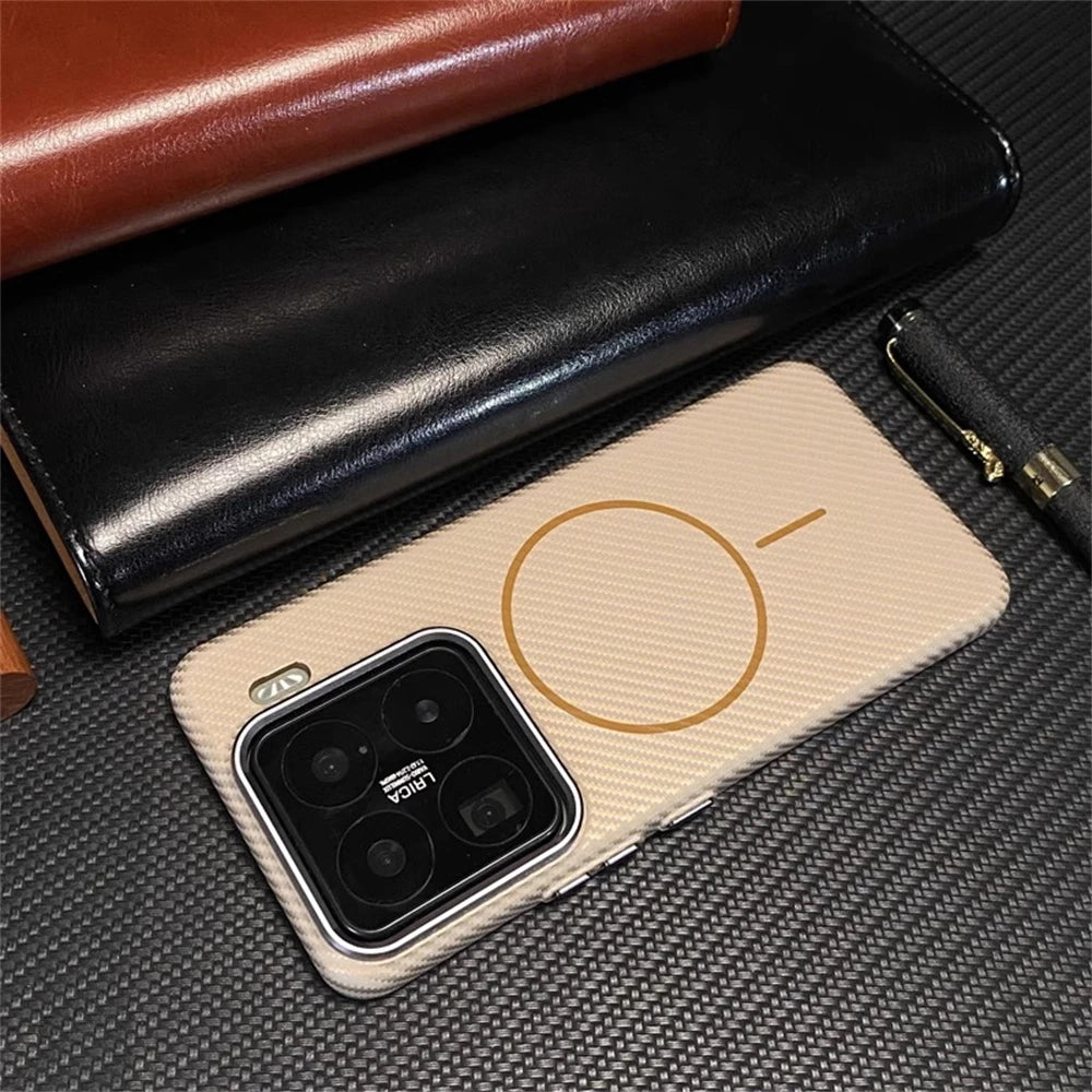 Ultra thin Carbon Fibre Pattern Metal Lens Frame Case for Xiaomi Mi 15 Pro Mi 14 Magnetic Wireless Charging Hard PC Slim Cover