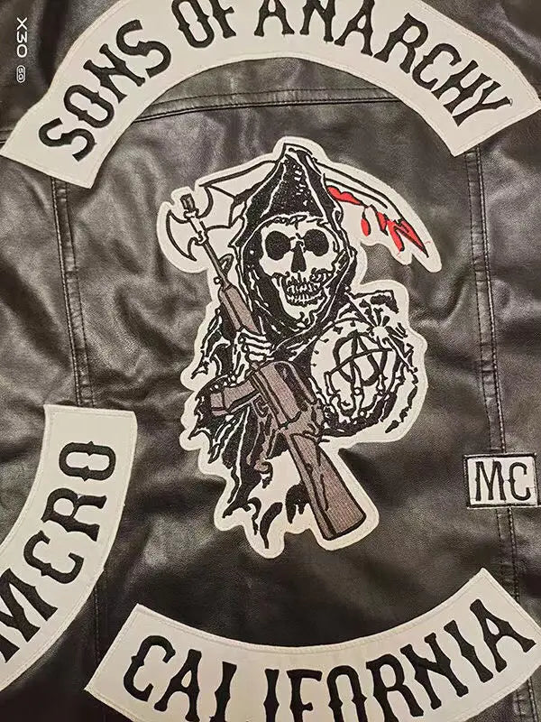 Son of Chaos in Motorcycle Style: Harley Motorcycle PU Leather Embroidered Vest Kam Shoulder Punk Fashion Leather Coat for Men