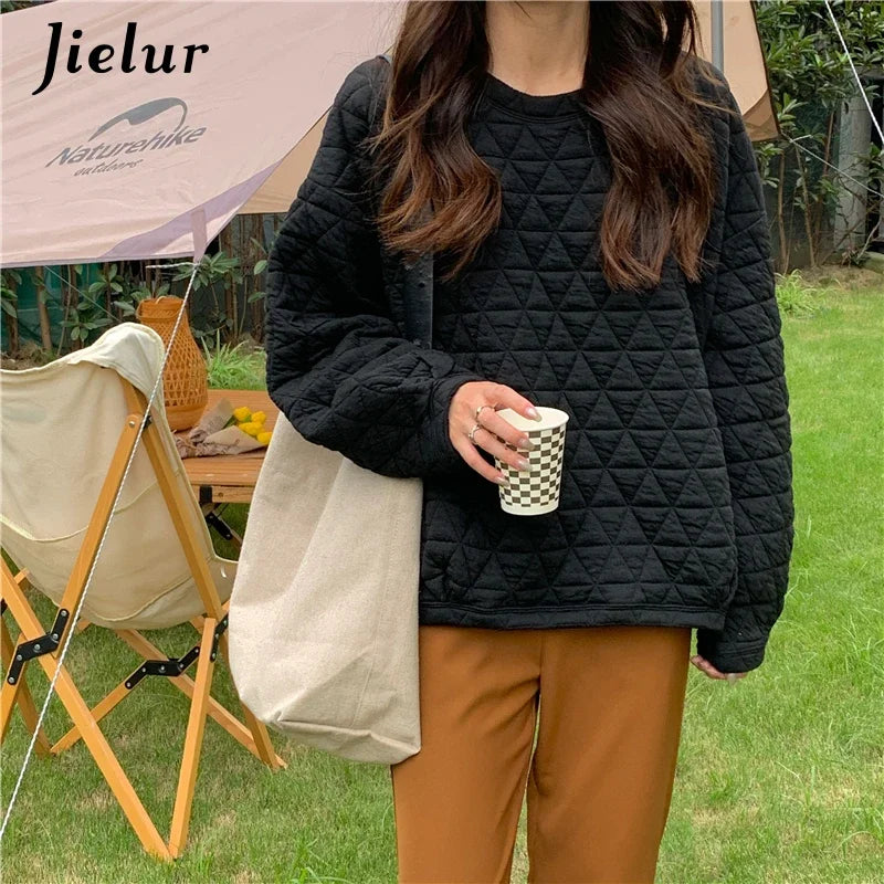 Jielur Yellow Loose Sweatshirt Female Winter White Causal O Neck Long Sleeve Women Clothing Creative New Style Hoodies M-XL