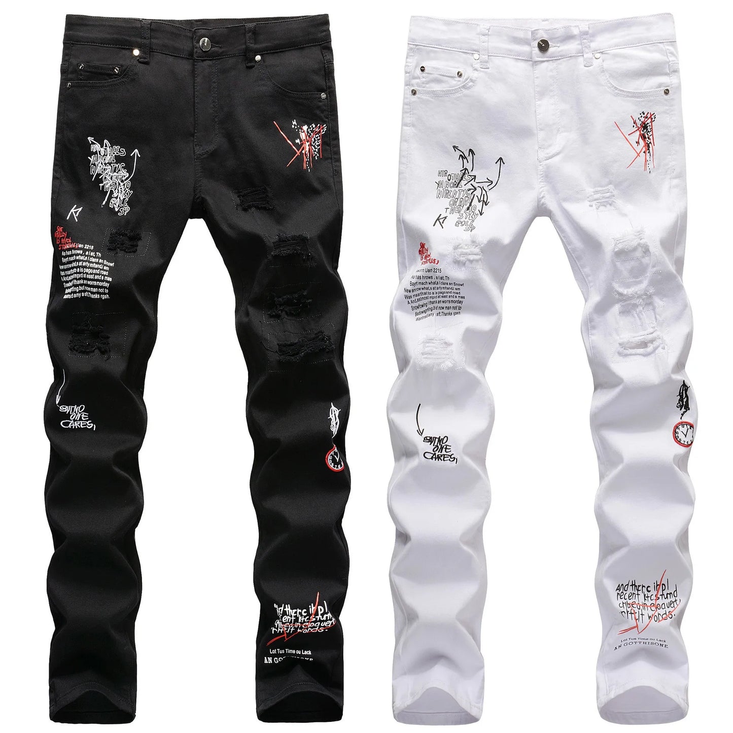 Fashion Embroidery Letters White Skinny Jeans Trousers Men Hip Hop Punk Casual Motorcycle Stretch Ripped Denim Pants Streetwear