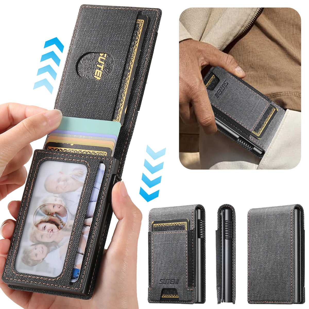 SUTENI Faux Leather Card Slot Wallet Flip Cover Unisex Card Box Pressing The Button Automatically Ejects The Card