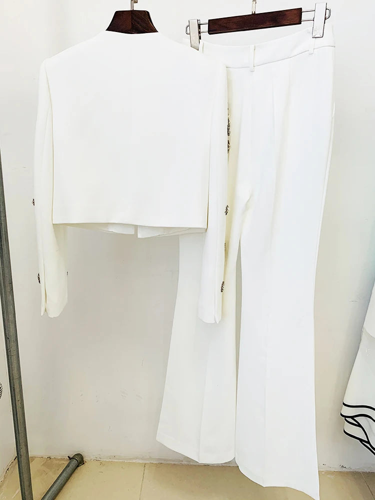 HIGH STREET Newest Fashion Designer Suit Set Women's Pearls Diamonds Rhinestone Beaded Trimed Jacket Flare Slit Pants Suit